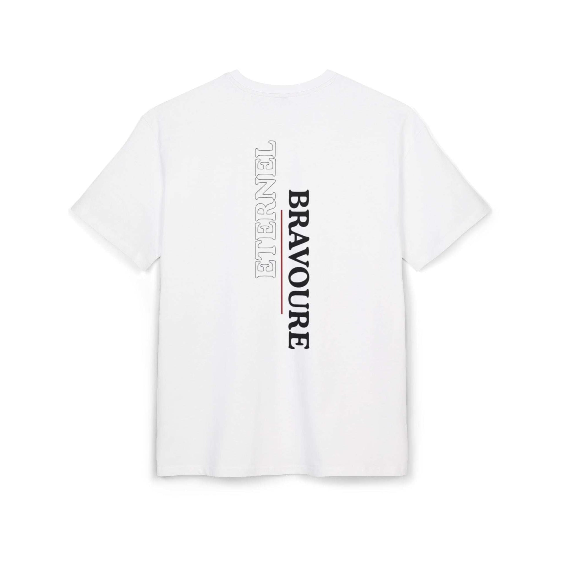 Tee-shirt blanc VALOR – Bravoure Éternelle avec texte vertical blanc et rouge, symbole de courage et persistance.