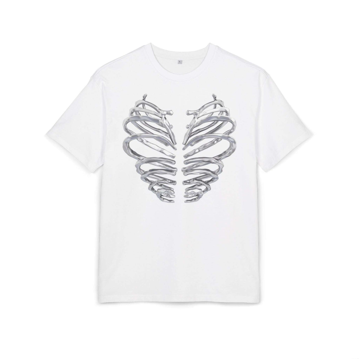T-shirt VALOR – Iron Heart blanc avec cage thoracique métallique imprimée, design puissant en coton premium.