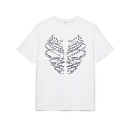 T-shirt VALOR – Iron Heart blanc avec cage thoracique métallique imprimée, design puissant en coton premium.
