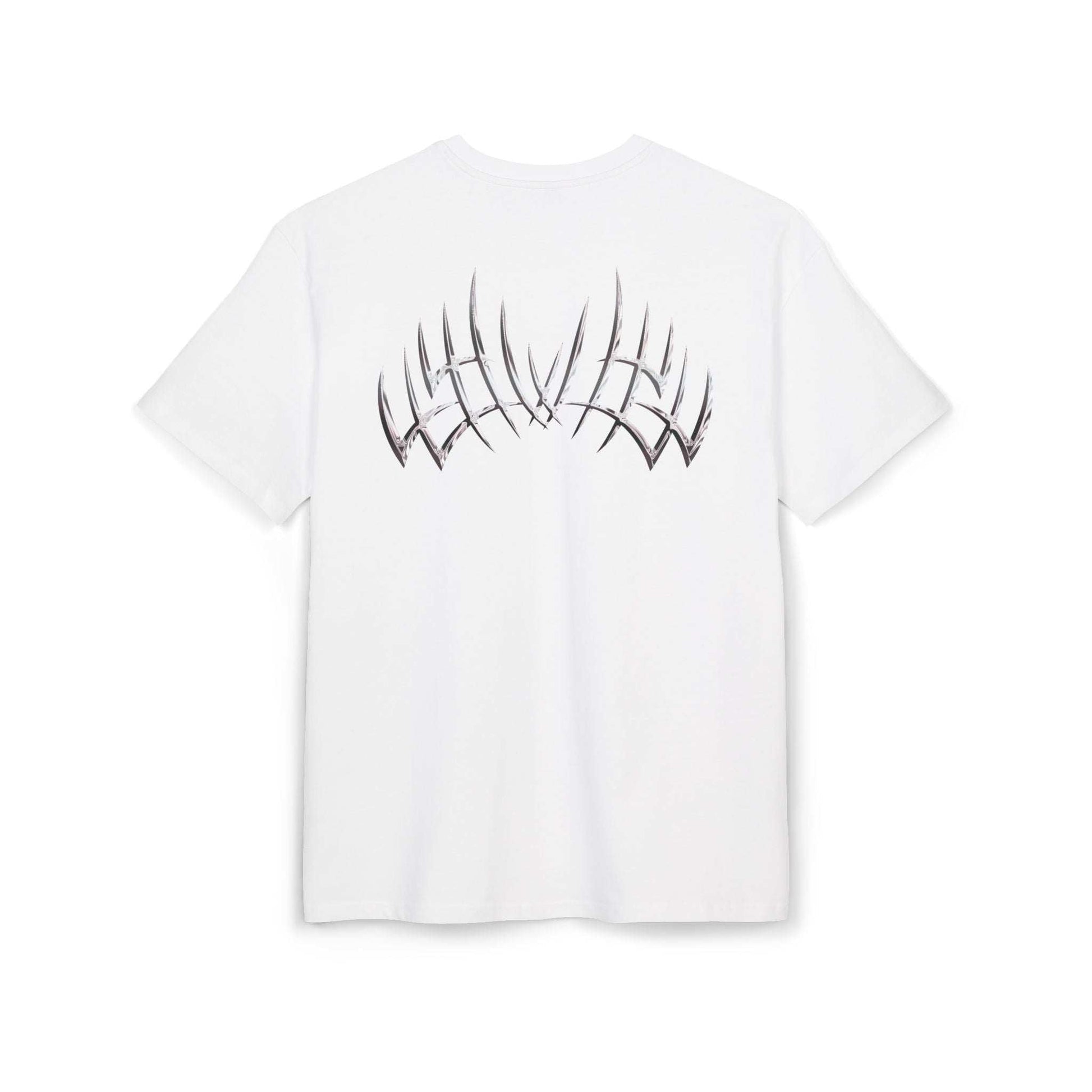 T-shirt blanc VALOR – Thorns en coton avec motif couronne d’épines futuriste au dos, symbole de résilience et force.