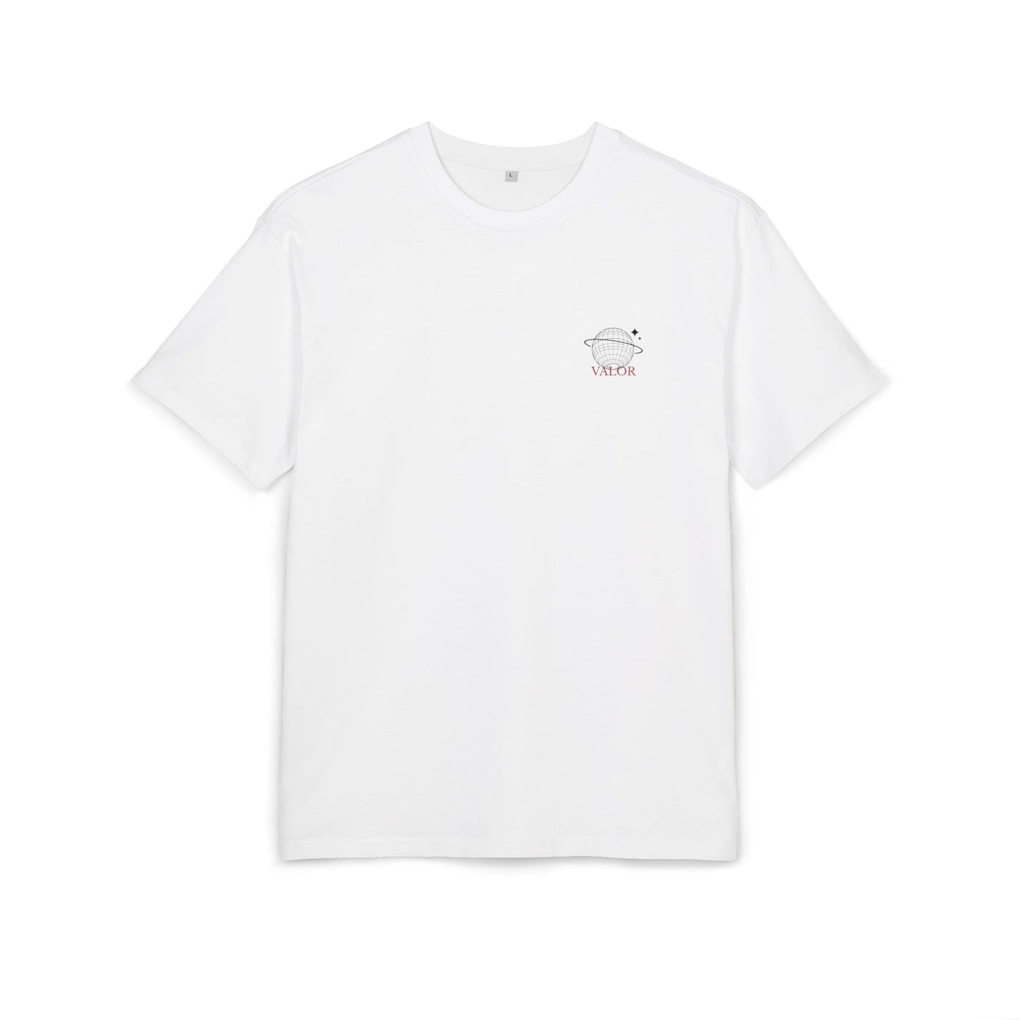 Tee-shirt blanc Le VALOR – Global Unity avec globe stylisé sur poitrine en coton premium minimaliste et confortable