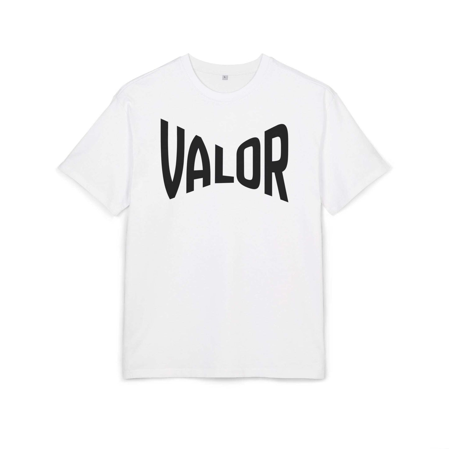 T-shirt blanc VALOR – Bold Statement avec logo noir audacieux, coupe droite en coton premium pour un style urbain et sportif.