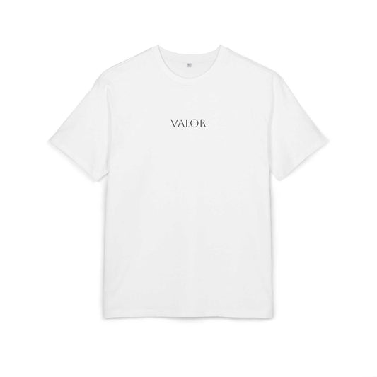T-shirt blanc VALOR – Essential avec logo centré en typographie fine, coupe droite en coton doux, style sobre et élégant.