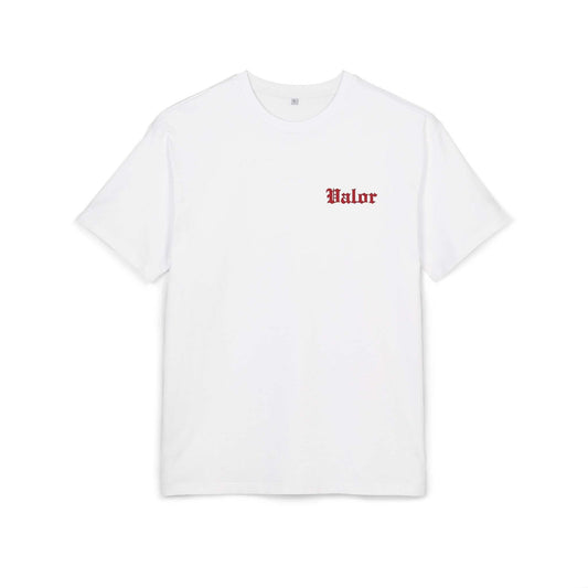 White oversized cotton t-shirt with red gothic "Valor" text, VALOR – Fighting Mentality design
