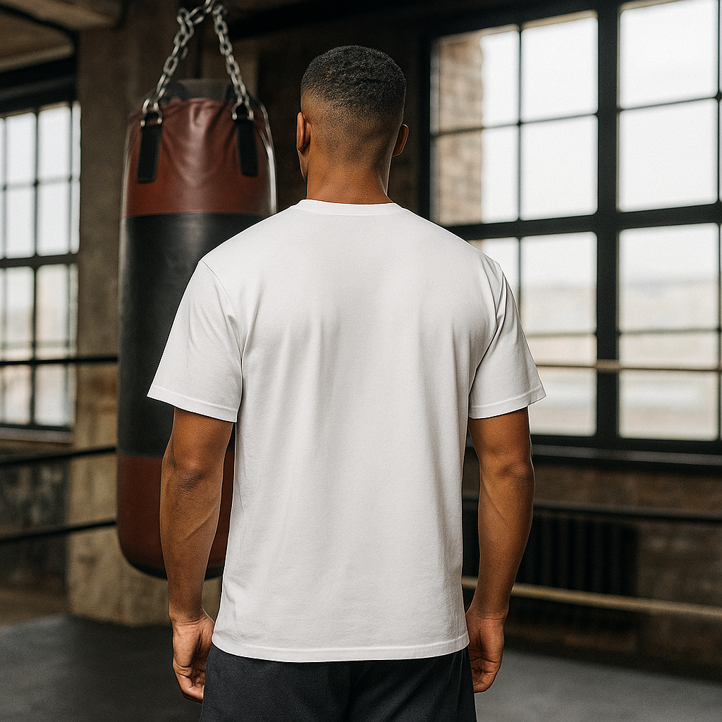 T-shirt VALOR – Iron Heart blanc avec cage thoracique métallique imprimée, design puissant en coton premium.