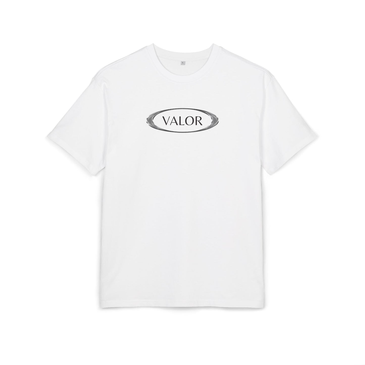White VALOR – Core Emblem t-shirt with black logo inside metallic oval design, made of premium cotton with minimalist style