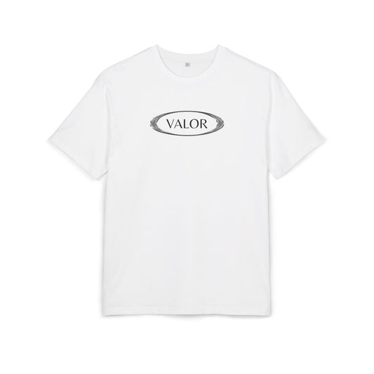 White VALOR – Core Emblem t-shirt with black logo inside metallic oval design, made of premium cotton with minimalist style
