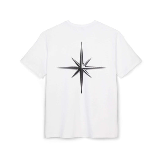 Tee-shirt VALOR – North Star blanc en coton premium avec étoile noire imprimée dans le dos, symbole de persévérance et de direction