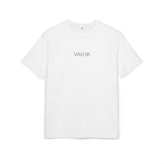 T-shirt blanc VALOR Thorns en coton premium avec design épines futuriste symbolisant résilience et force intérieure.