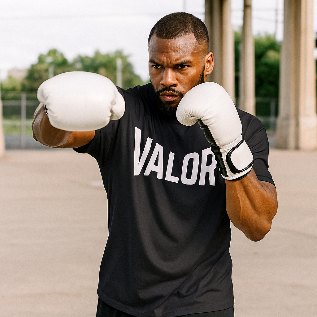T-shirt noir VALOR – Bold Statement avec logo noir audacieux, coupe droite en coton premium pour un style urbain et sportif.