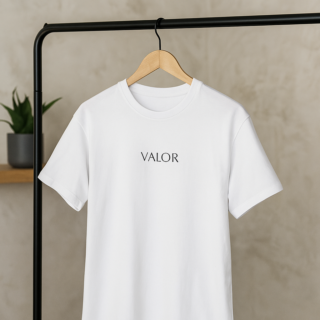 T-shirt blanc VALOR – Essential avec logo centré en typographie fine, coupe droite en coton doux, style sobre et élégant.