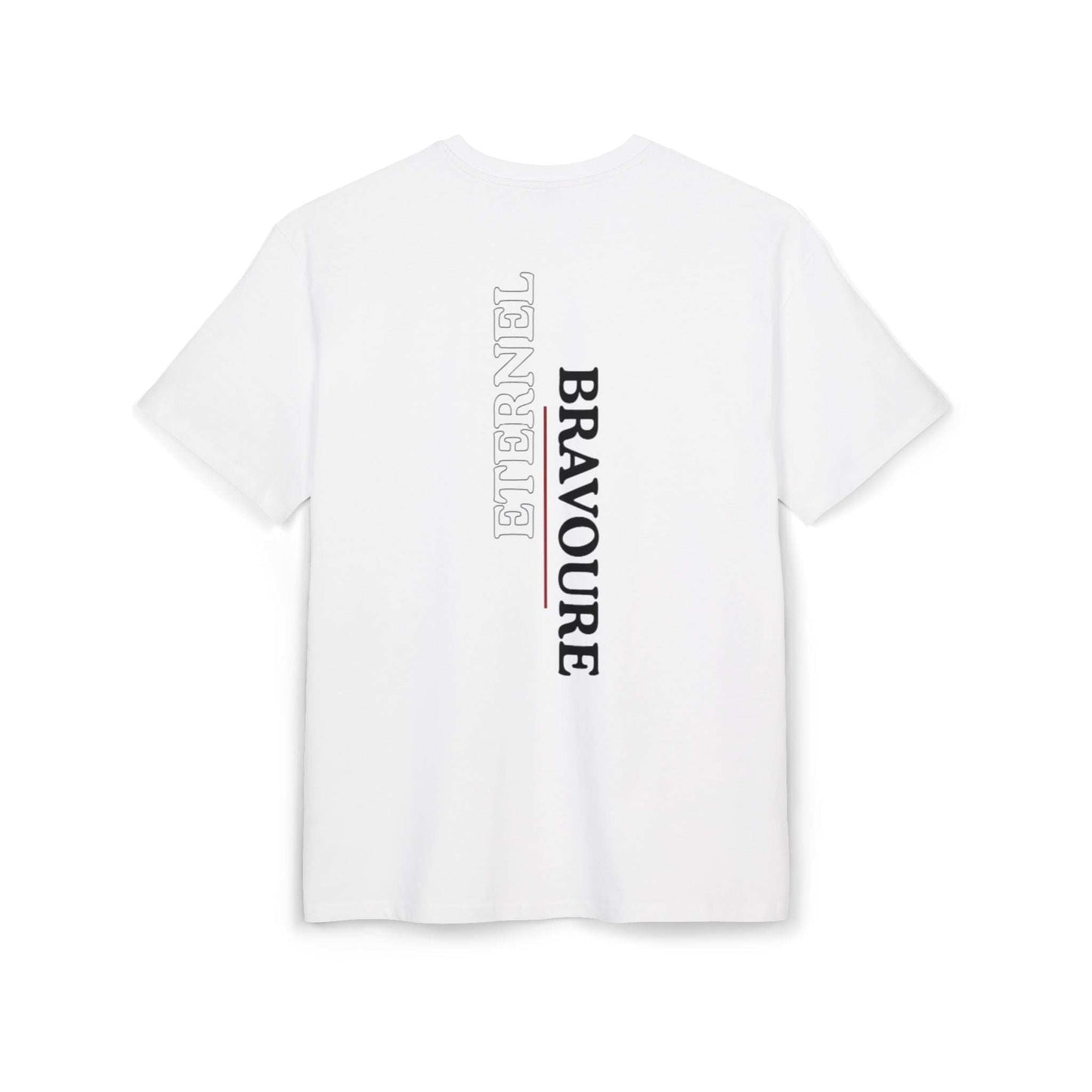 Tee-shirt blanc VALOR – Bravoure Éternelle avec texte vertical blanc et rouge, symbole de courage et persistance.