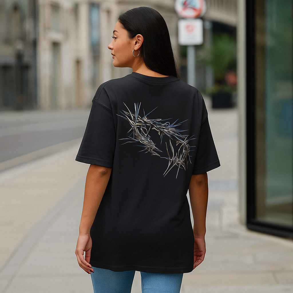 T-shirt noir VALOR – Crown of Pain avec imprimé couronne d’épines métallique symbolisant la force et la douleur transcendée.