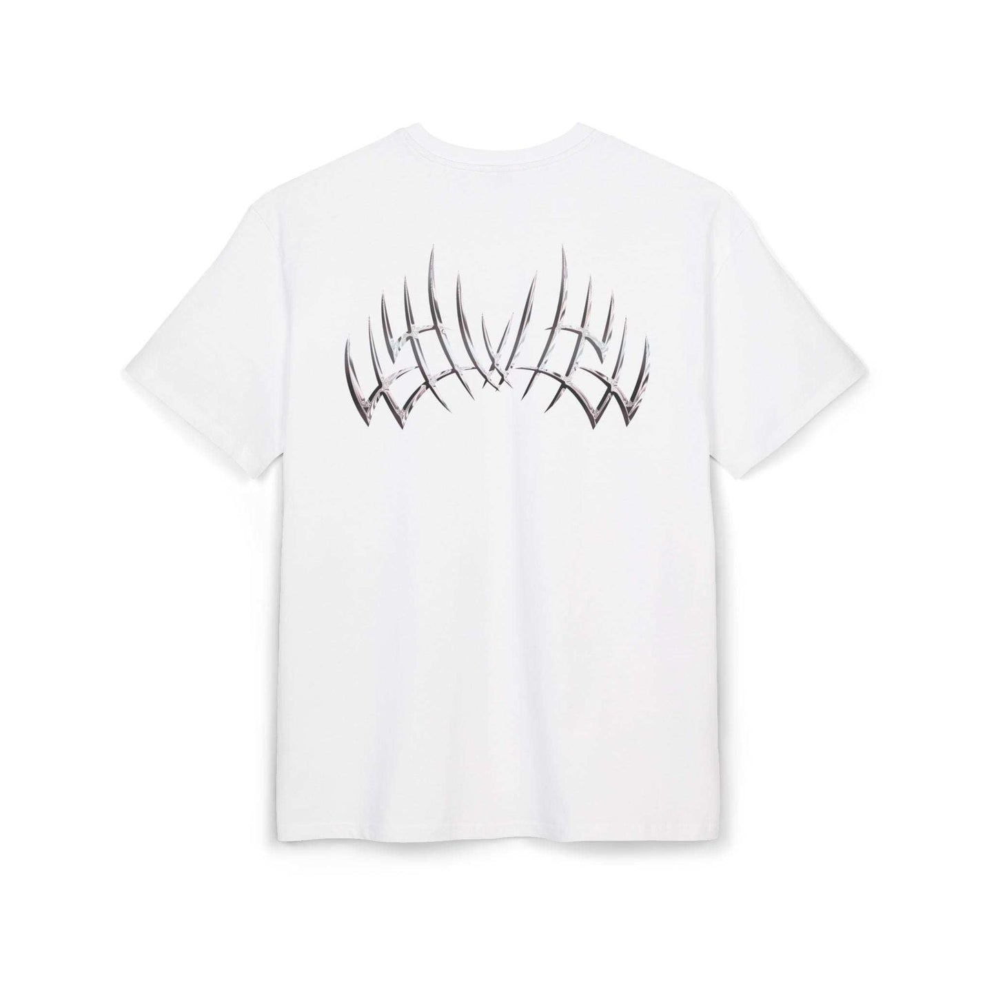 T-shirt blanc VALOR – Thorns en coton avec motif couronne d’épines futuriste au dos, symbole de résilience et force.