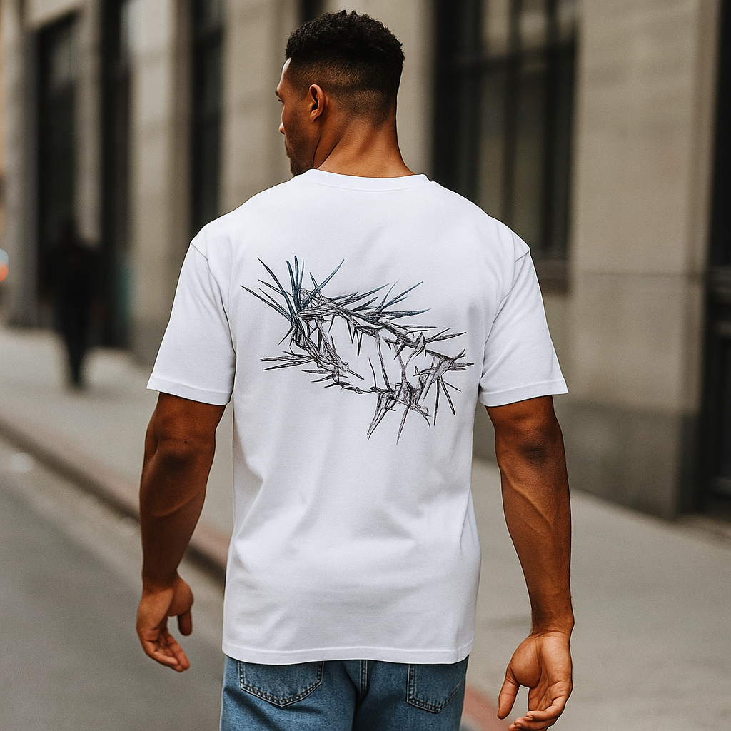 T-shirt blanc VALOR – Crown of Pain en coton premium avec imprimé minimaliste symbolisant la force intérieure et la résilience