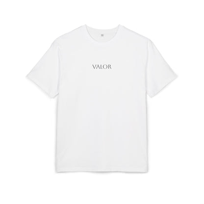 Tee-shirt blanc VALOR – Gravité en coton haut de gamme avec logo minimaliste et imprimé métallisé, alliant confort et style streetwear moderne.
