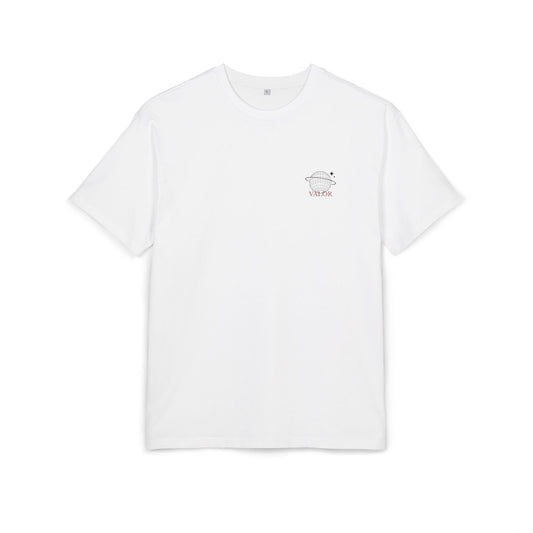 Tee-shirt blanc Le VALOR – Global Unity avec globe stylisé sur poitrine en coton premium minimaliste et confortable