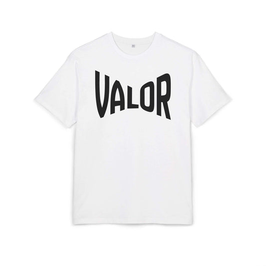 T-shirt blanc VALOR – Bold Statement avec logo noir audacieux, coupe droite en coton premium pour un style urbain et sportif.