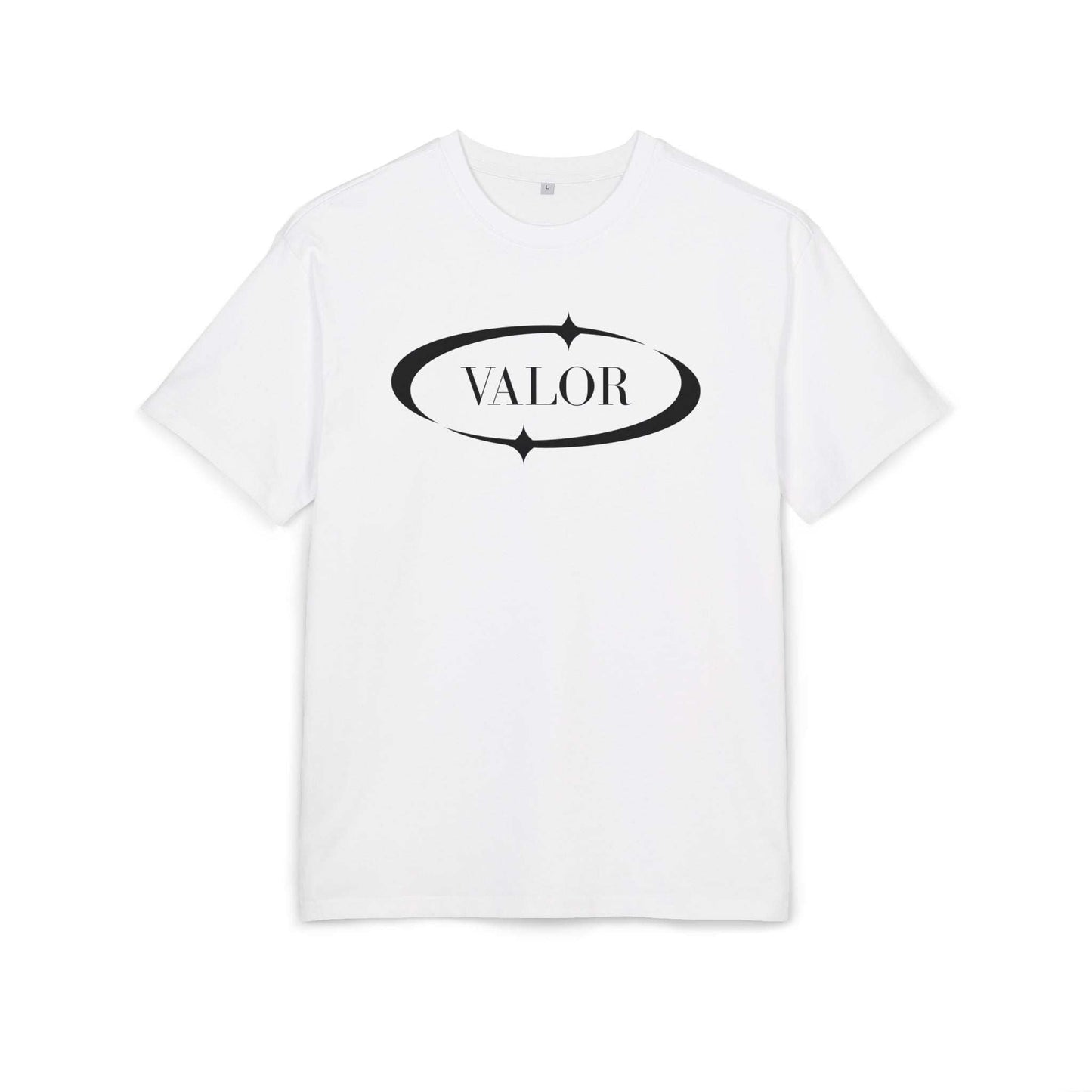 T-shirt blanc VALOR – Eclipse en coton premium avec logo ovale noir symbolisant équilibre et force intérieure