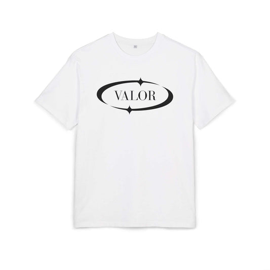 T-shirt blanc VALOR – Eclipse en coton premium avec logo ovale noir symbolisant équilibre et force intérieure