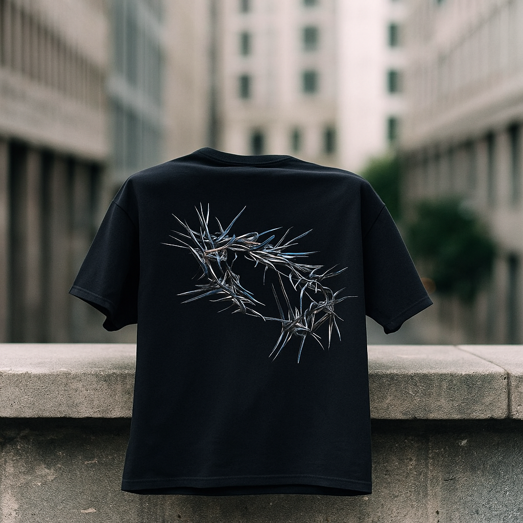 T-shirt noir VALOR – Crown of Pain avec imprimé couronne d’épines métallique symbolisant la force et la douleur transcendée.