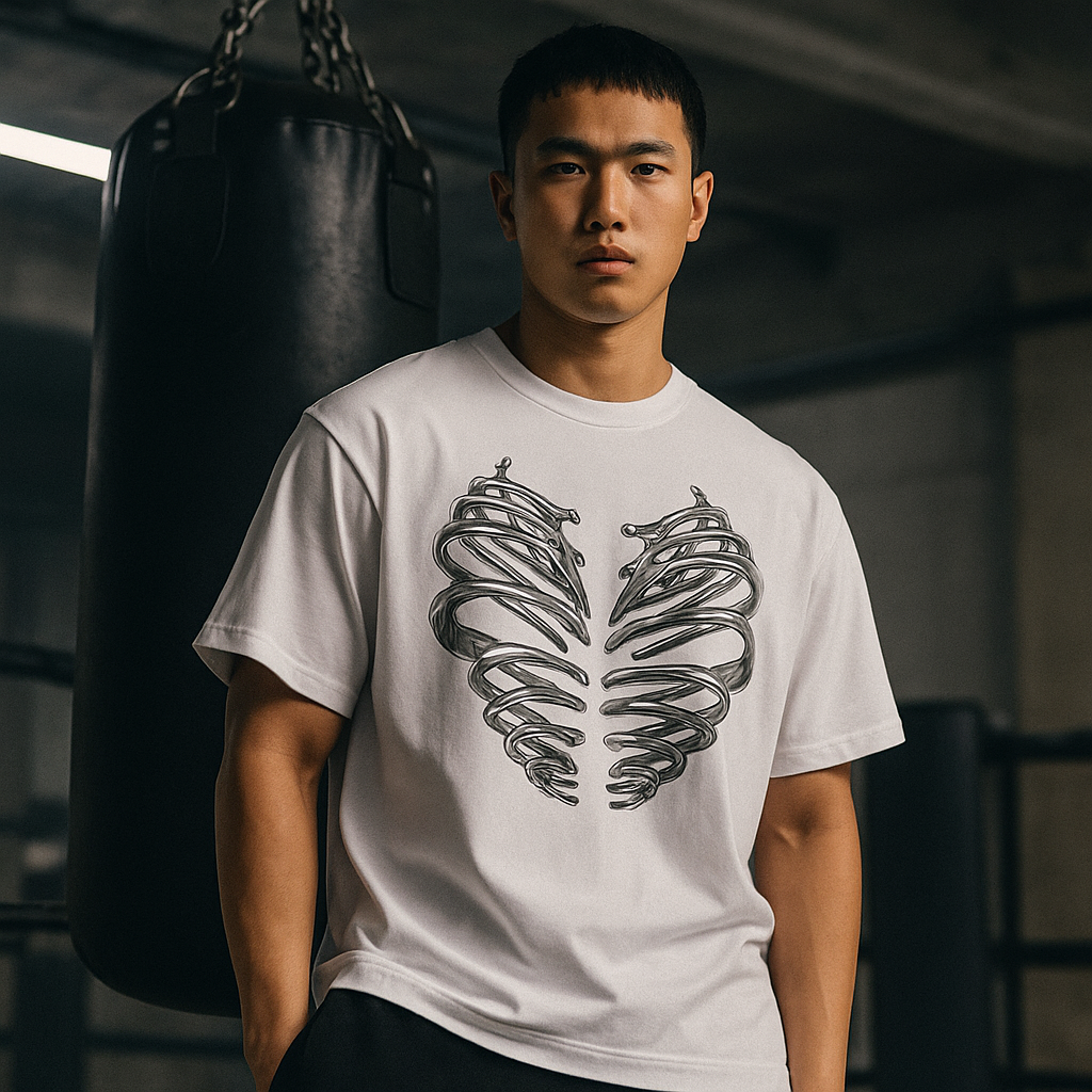 T-shirt VALOR – Iron Heart blanc avec cage thoracique métallique imprimée, design puissant en coton premium.