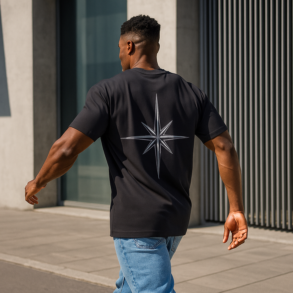 Tee-shirt VALOR – North Star noir en coton premium avec étoile noire imprimée dans le dos, symbole de persévérance et de direction