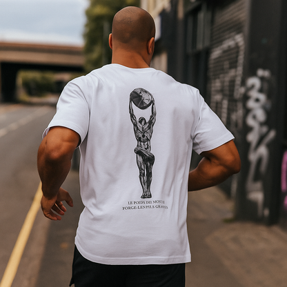 VALOR – Le Poids du Monde white oversized cotton t-shirt with mythological titan graphic and motivational text on back