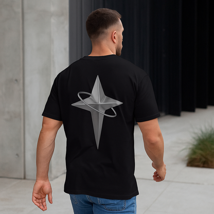 T-shirt VALOR – Gravité noir avec étoile métallique et anneau imprimés, coton premium confortable, style streetwear sportif.