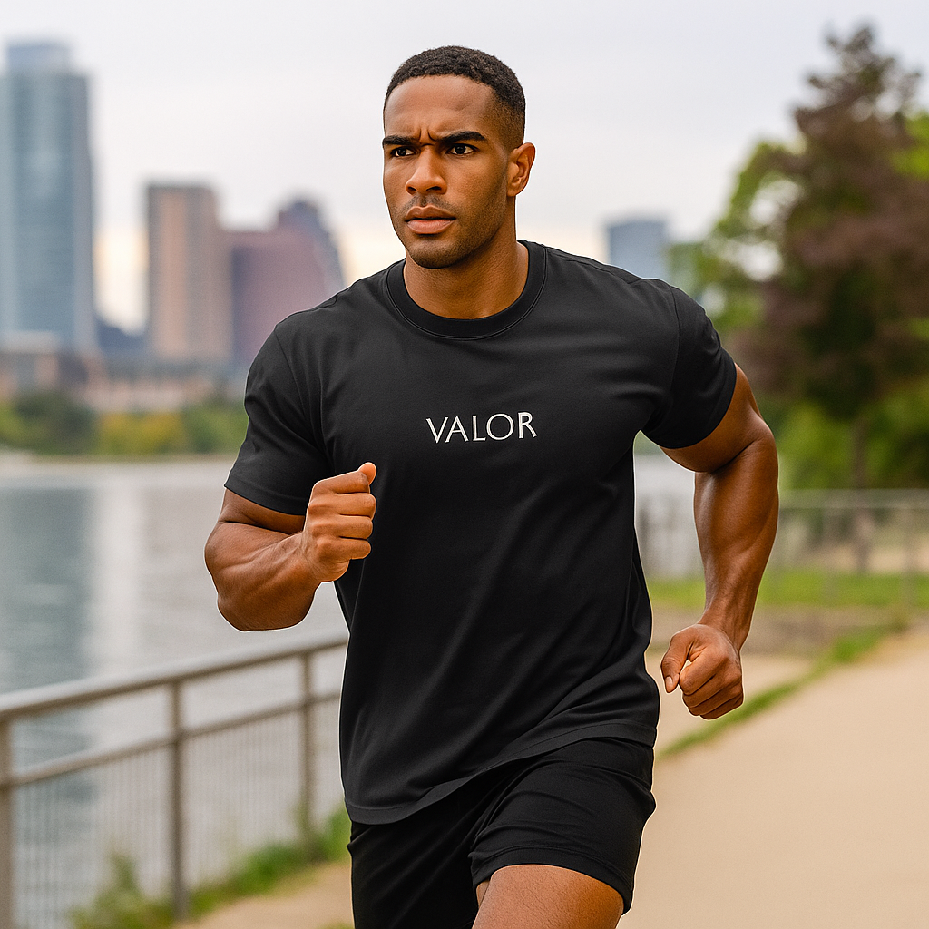 T-shirt VALOR – Dominion noir en coton premium avec design tribal métallique autour du logo VALOR, symbole de leadership et puissance.