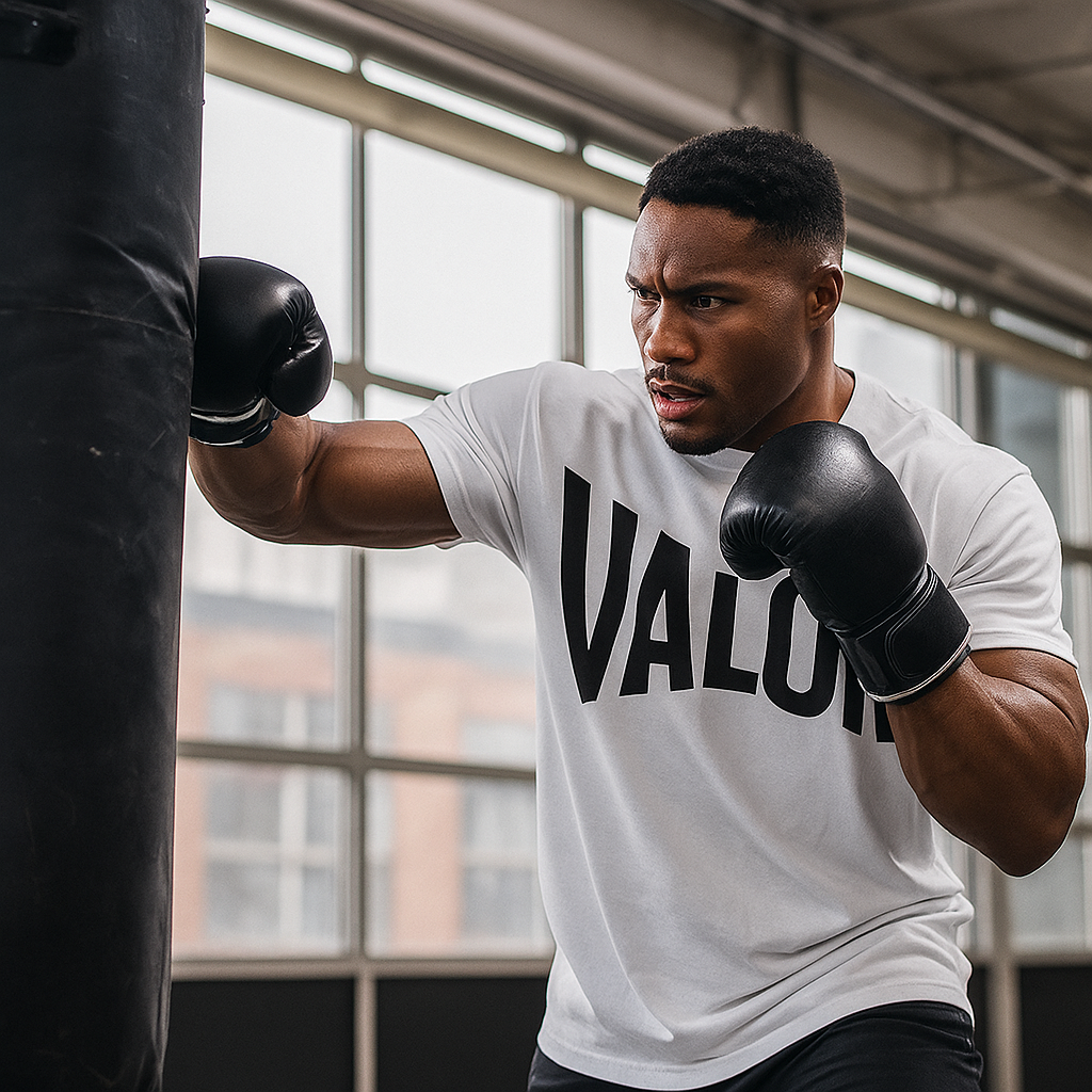 T-shirt blanc VALOR – Bold Statement avec logo noir audacieux, coupe droite en coton premium pour un style urbain et sportif.