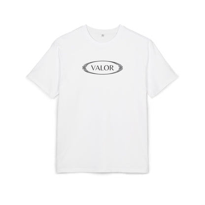 White VALOR – Core Emblem t-shirt with black logo inside metallic oval design, made of premium cotton with minimalist style