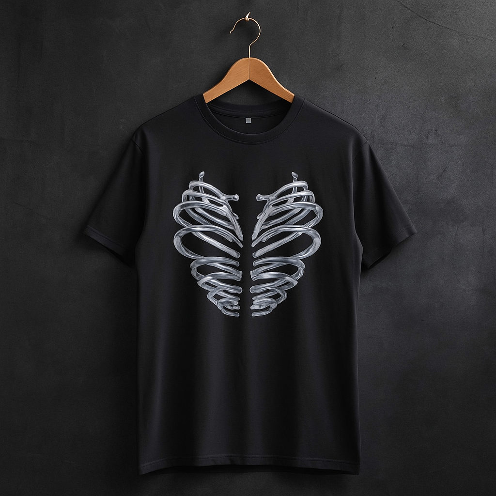 T-shirt VALOR – Iron Heart noir avec cage thoracique métallique imprimée, design puissant en coton premium.
