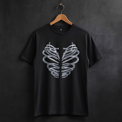 T-shirt VALOR – Iron Heart noir avec cage thoracique métallique imprimée, design puissant en coton premium.