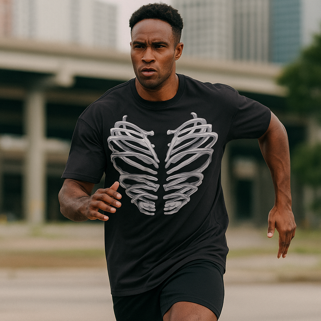 T-shirt VALOR – Iron Heart noir avec cage thoracique métallique imprimée, design puissant en coton premium.