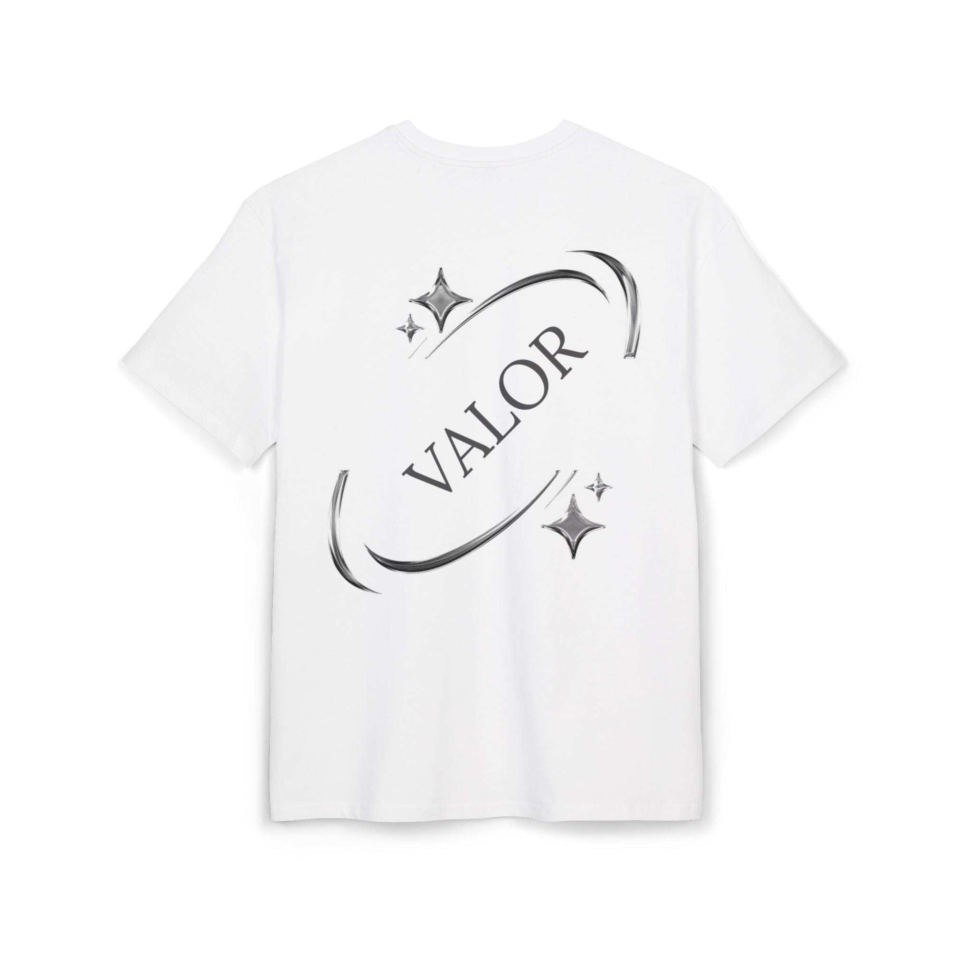 T-shirt blanc VALOR – Signature avec logo métallique au dos refletissant la détermination et fierté, en coton premium doux et durable