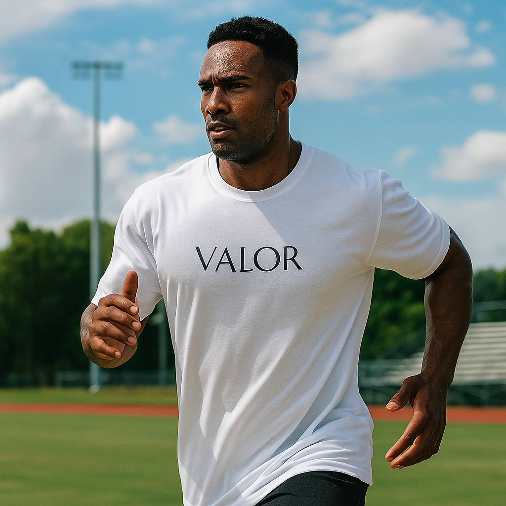 T-shirt blanc VALOR – Essential avec logo centré en typographie fine, coupe droite en coton doux, style sobre et élégant.