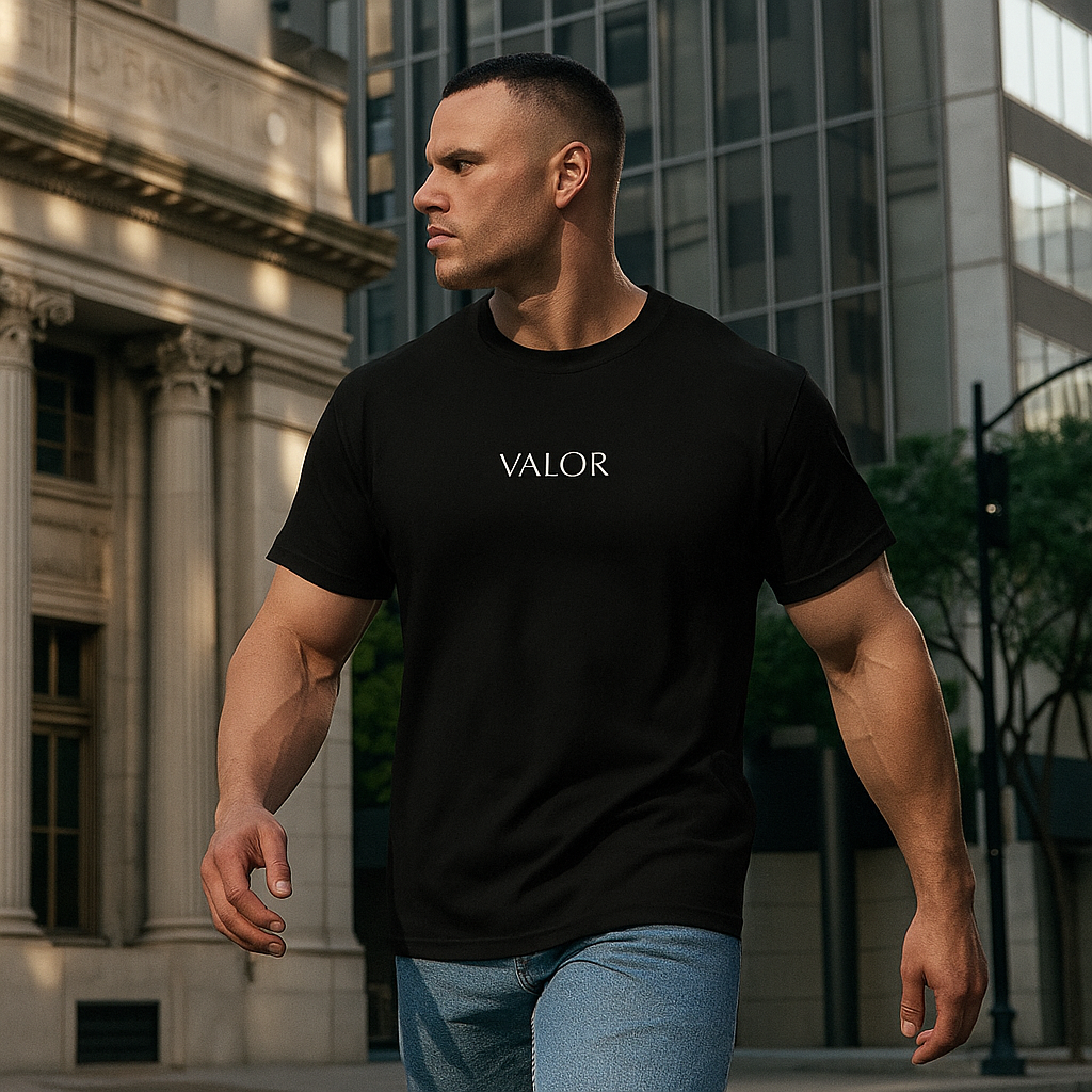 T-shirt VALOR – Gravité noir avec étoile métallique et anneau imprimés, coton premium confortable, style streetwear sportif.