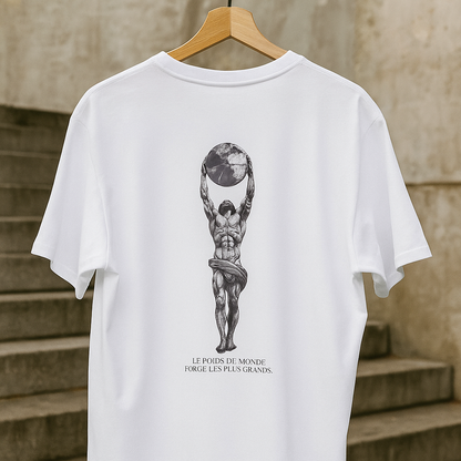 VALOR – Le Poids du Monde white oversized cotton t-shirt with mythological titan graphic and motivational text on back