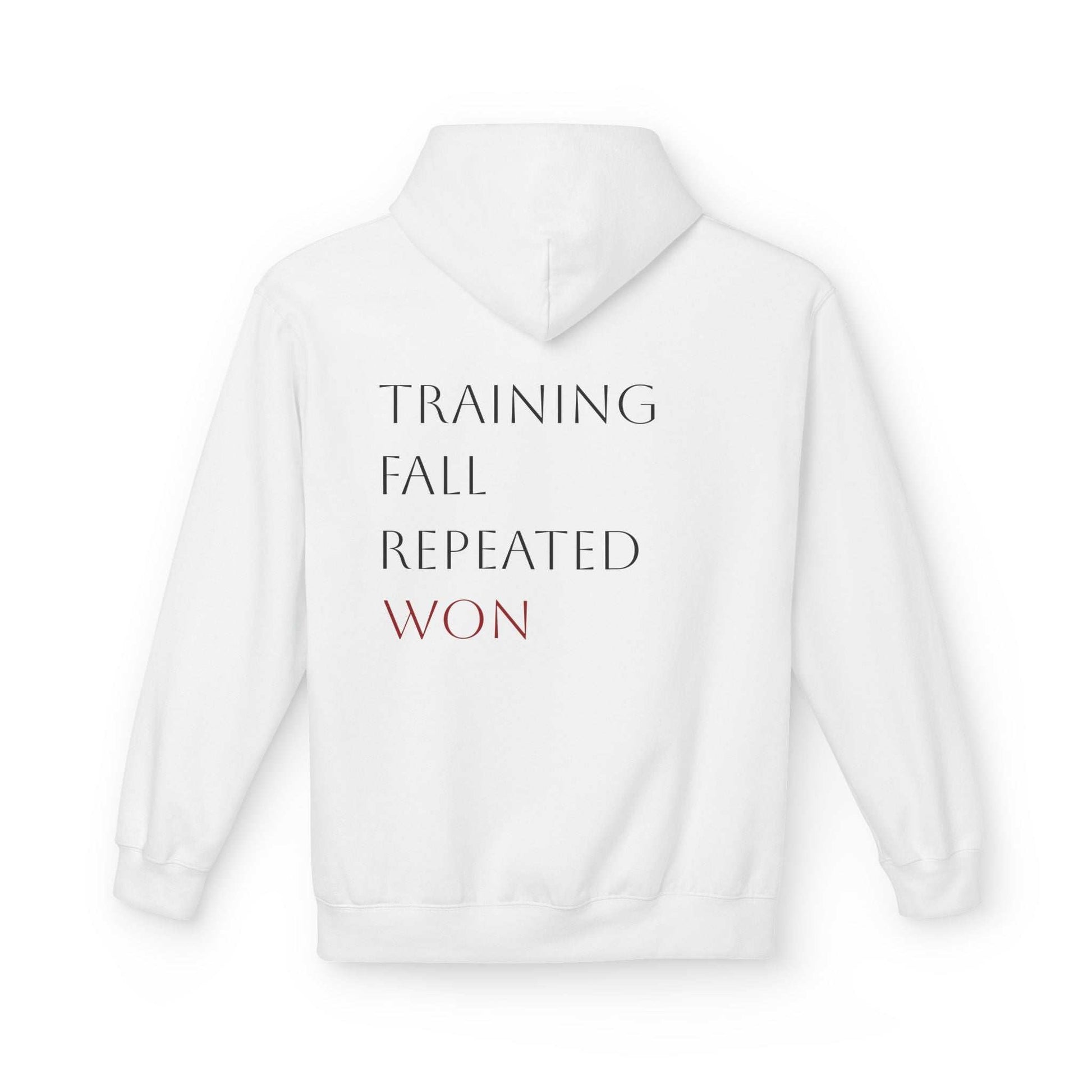 Sweat blanc VALOR avec le slogan Training. Fall. Repeat. Won. au dos