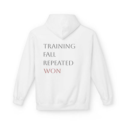 Sweat blanc VALOR avec le slogan Training. Fall. Repeat. Won. au dos