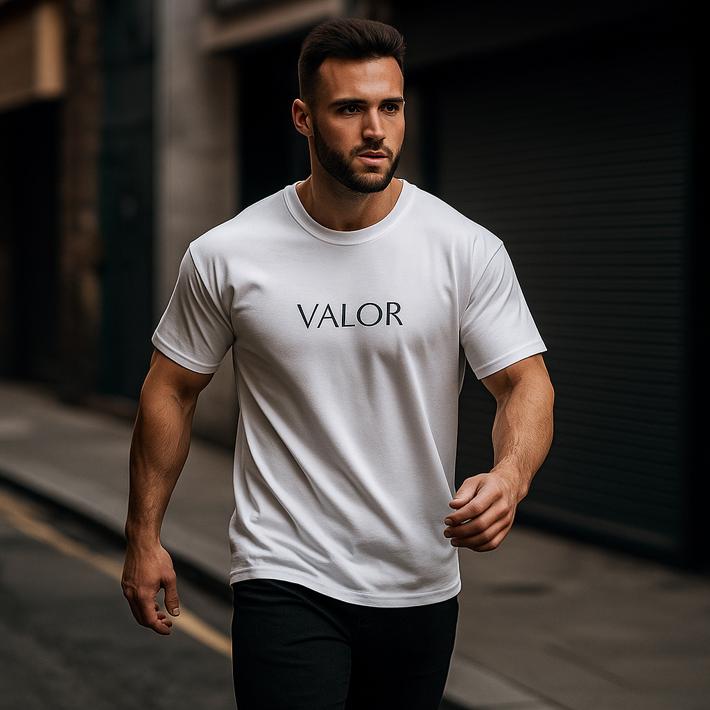 Tee-shirt blanc VALOR – Gravité en coton haut de gamme avec logo minimaliste et imprimé métallisé, alliant confort et style streetwear moderne.