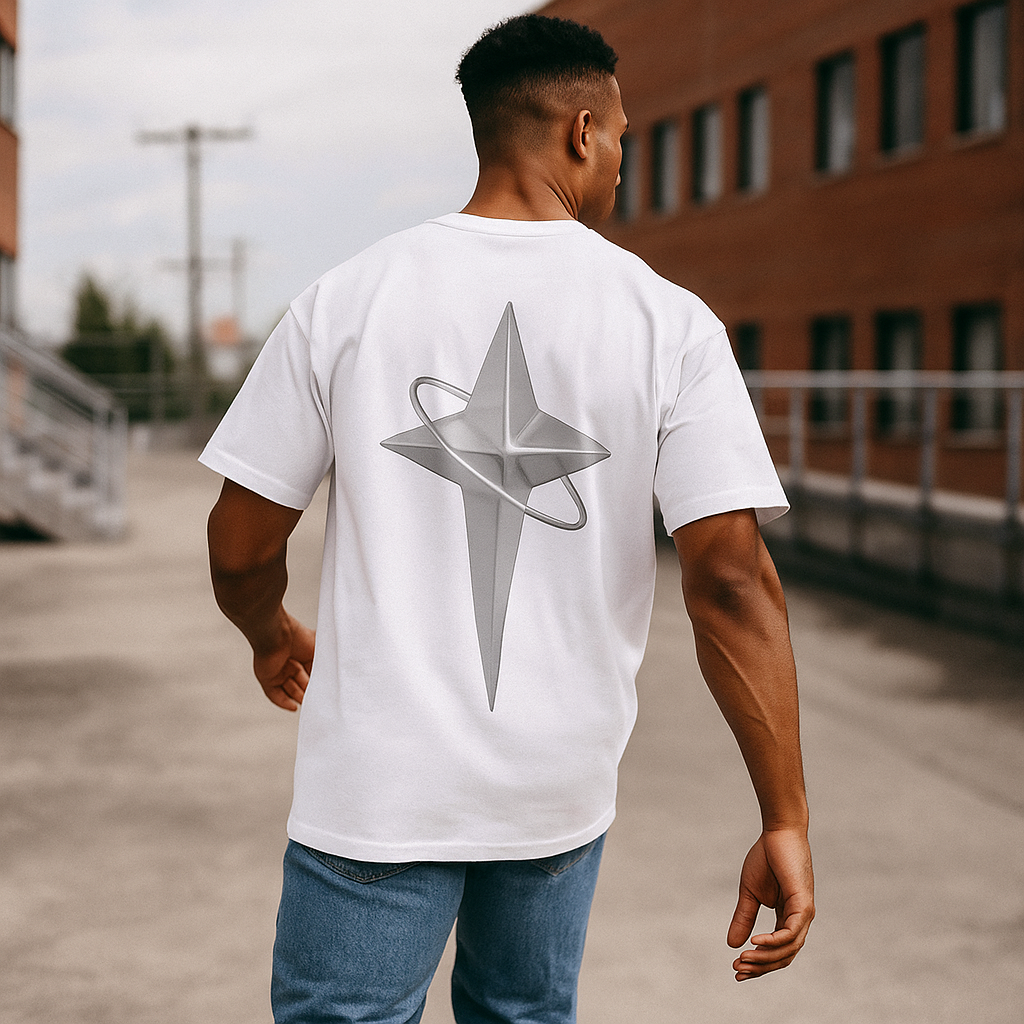 Tee-shirt blanc VALOR – Gravité en coton haut de gamme avec logo minimaliste et imprimé métallisé, alliant confort et style streetwear moderne.