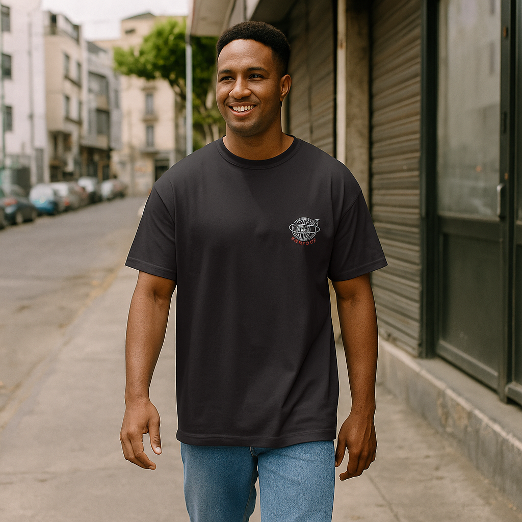 Tee-shirt Le VALOR – Global Unity noir en coton premium avec design minimaliste et globe stylisé sur la poitrine.