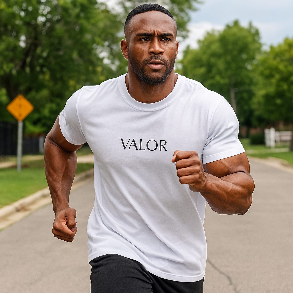 T-shirt VALOR – Dominion blanc en coton premium avec design tribal métallique autour du logo VALOR, symbole de leadership et puissance.