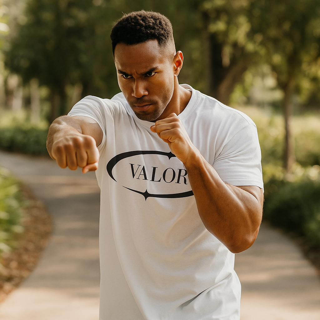 T-shirt blanc VALOR – Eclipse en coton premium avec logo ovale noir symbolisant équilibre et force intérieure