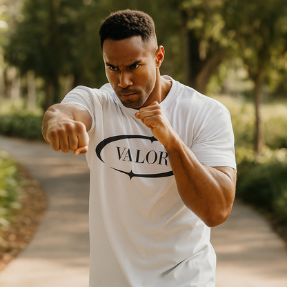 T-shirt blanc VALOR – Eclipse en coton premium avec logo ovale noir symbolisant équilibre et force intérieure