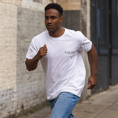 VALOR – Le Poids du Monde white oversized cotton t-shirt with mythological titan graphic and motivational text on back