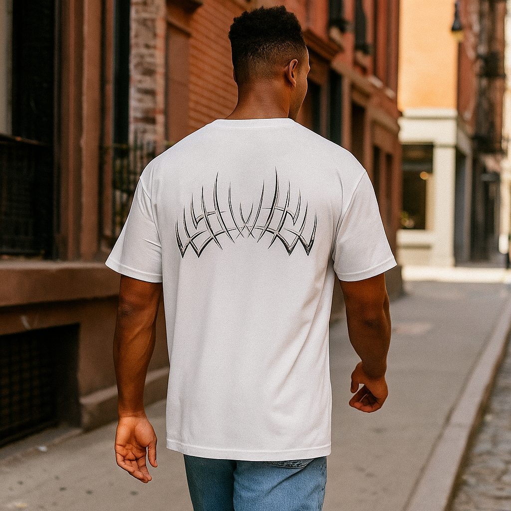T-shirt blanc VALOR – Thorns en coton avec motif couronne d’épines futuriste au dos, symbole de résilience et force.