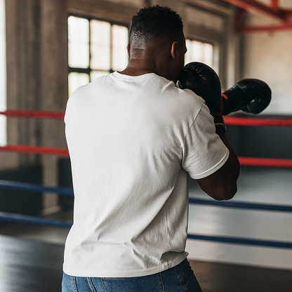 T-shirt blanc VALOR – Eclipse en coton premium avec logo ovale noir symbolisant équilibre et force intérieure